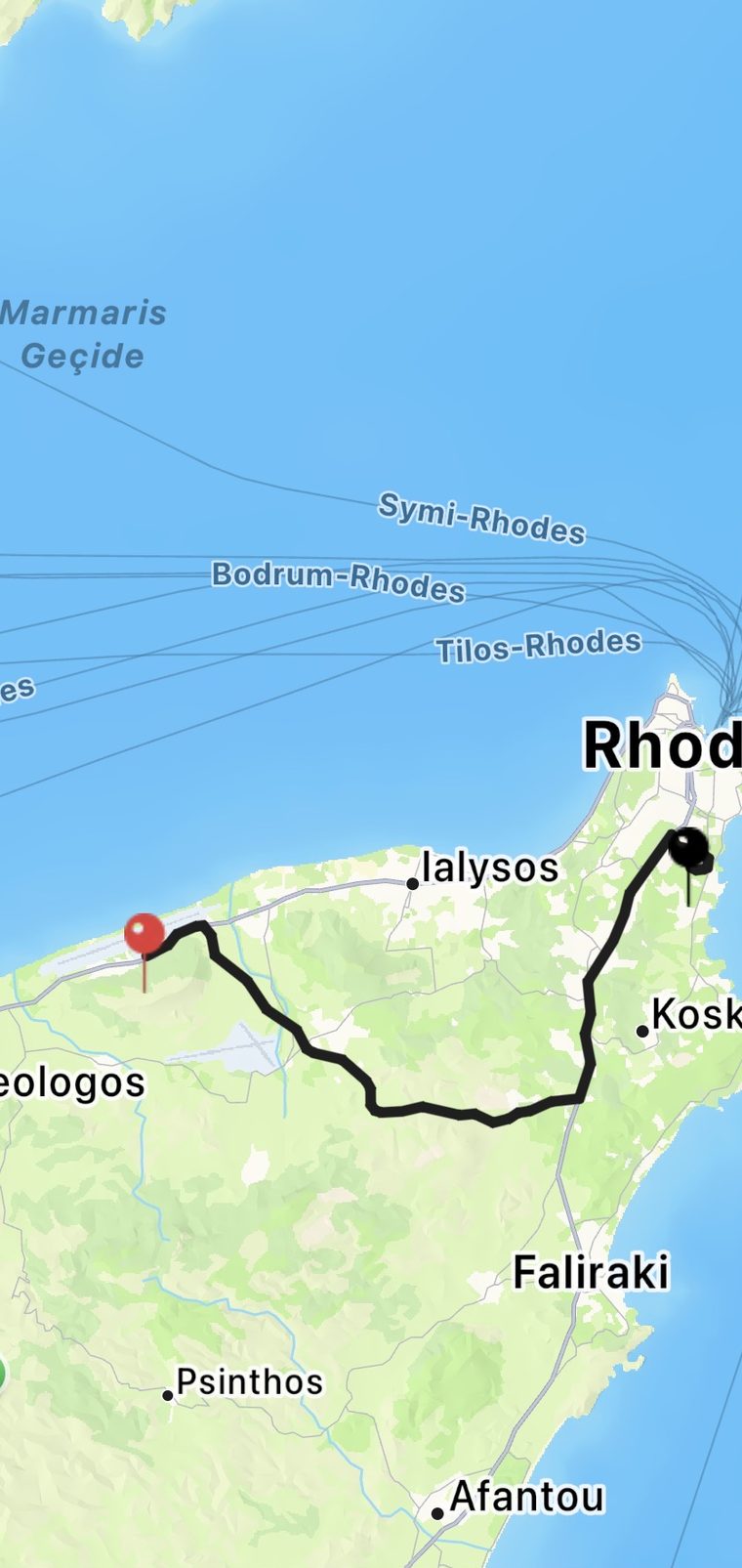 The app showing the route across Rhodes, from the pickup point to the airport.