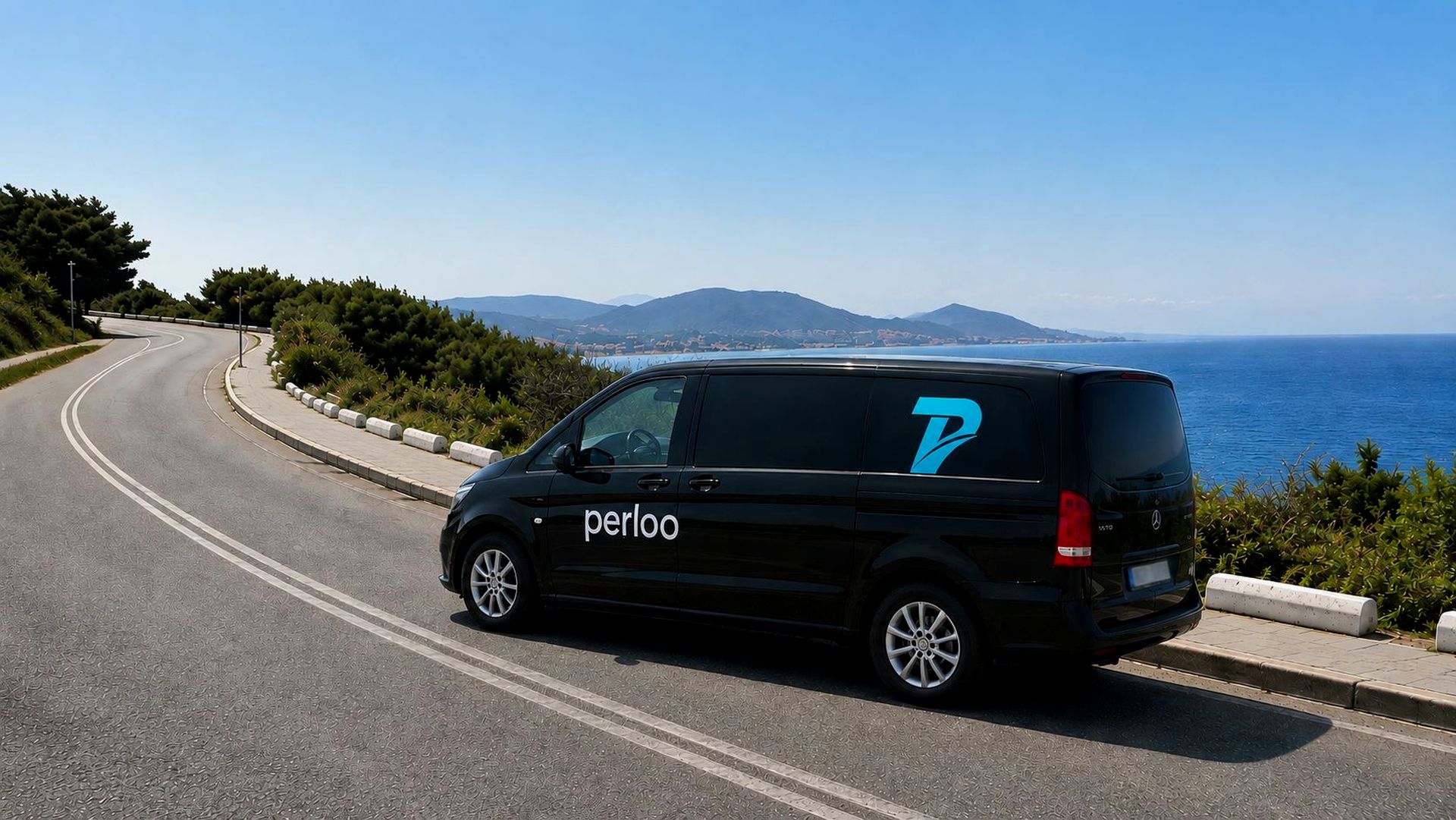 A black Perloo van on a coastal road above the sea in Rhodes.