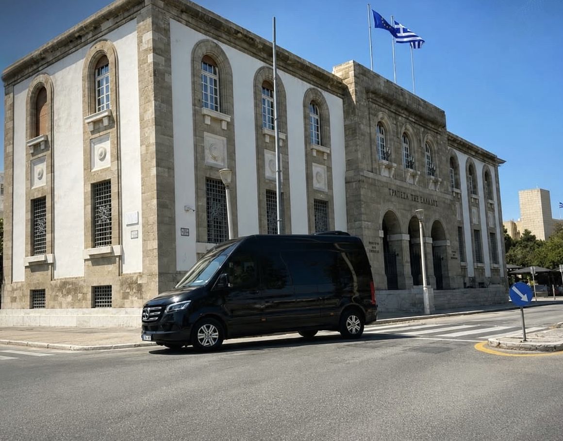 A Perloo van parked in Rhodes town, in front of the Bank of Greece building.
